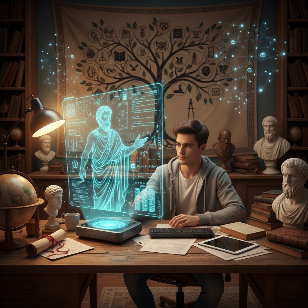 Uczeń siedzi przy biurku, a obok wyświetla się hologram AI mentora z historycznymi symbolami