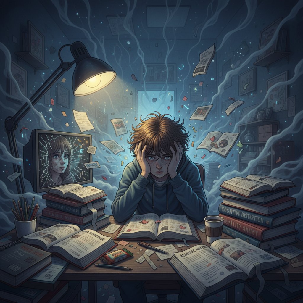 Student siedzący z głową w dłoniach nad książkami, przy rozświetlonym biurku – derealizacja a nauka