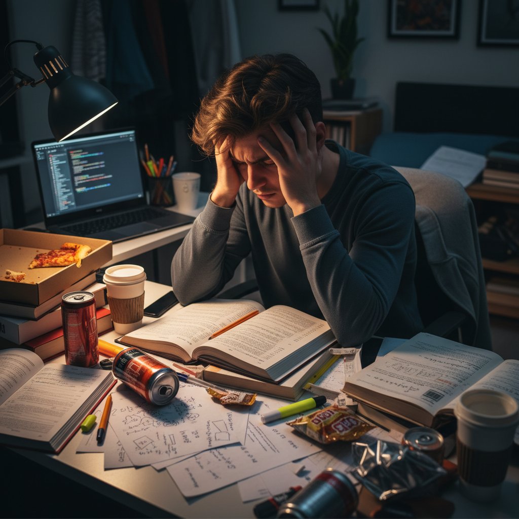 Student przy biurku z chaotycznymi notatkami, zmęczenie i frustracja, pułapka szybkiej nauki