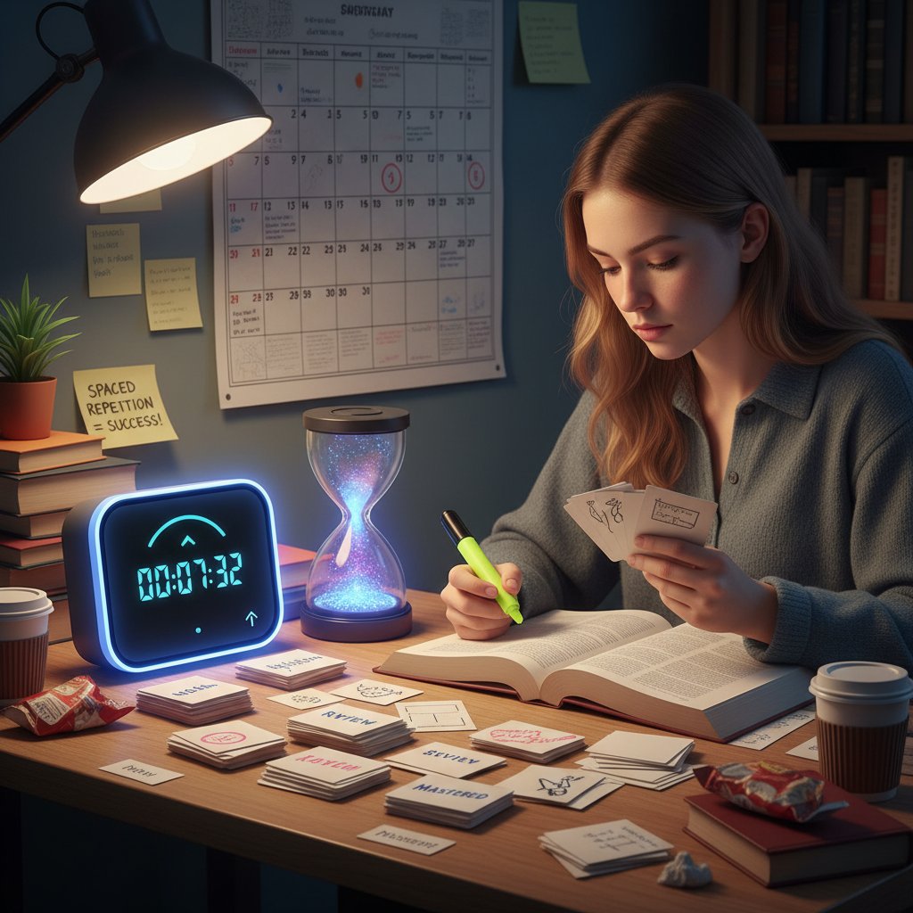 Student powtarzający materiał przy biurku z zegarem – ilustruje spaced repetition