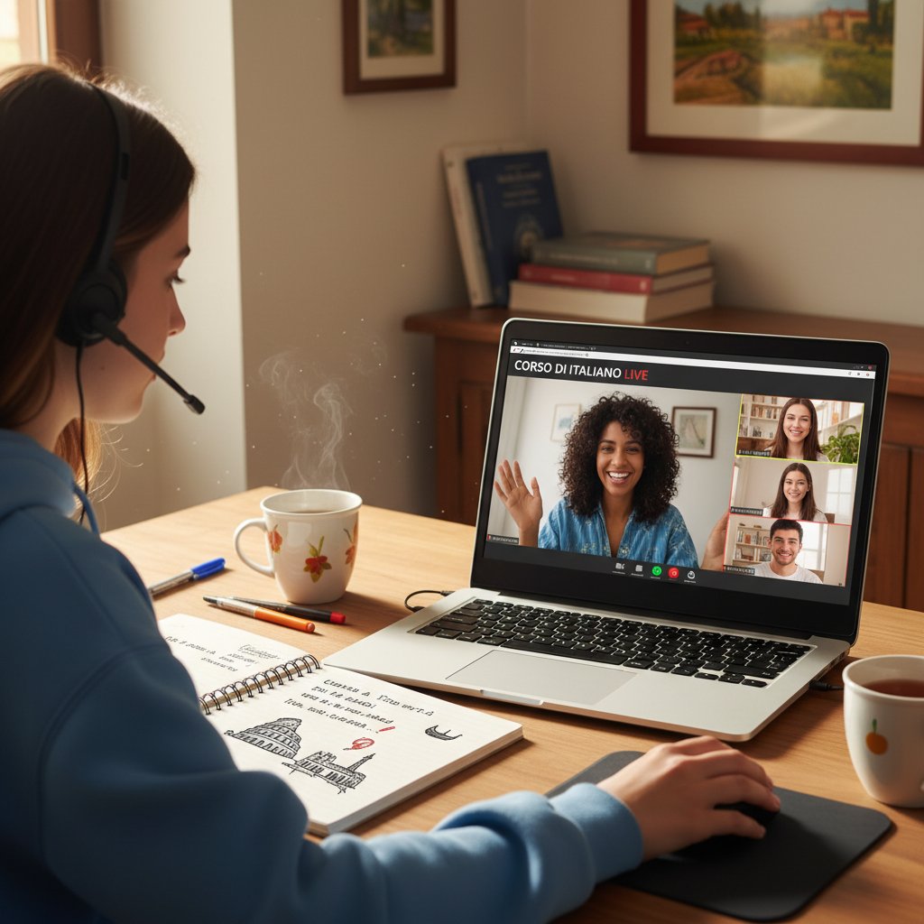 Student przy biurku uczestniczy w zajęciach włoskiego online na żywo, notatki i komputer
