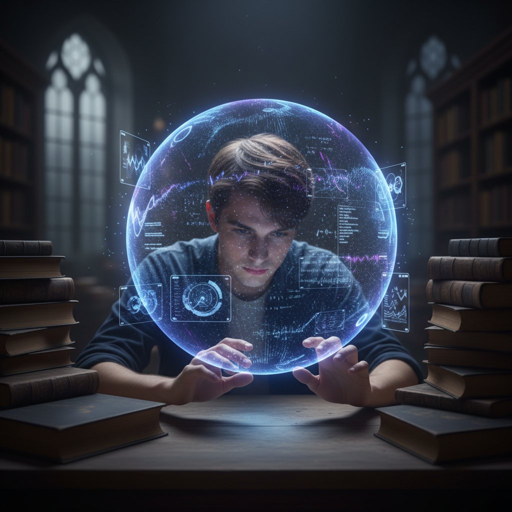 Uczeń z dystansem patrzący na interfejs AI, automatyzacja i motywacja