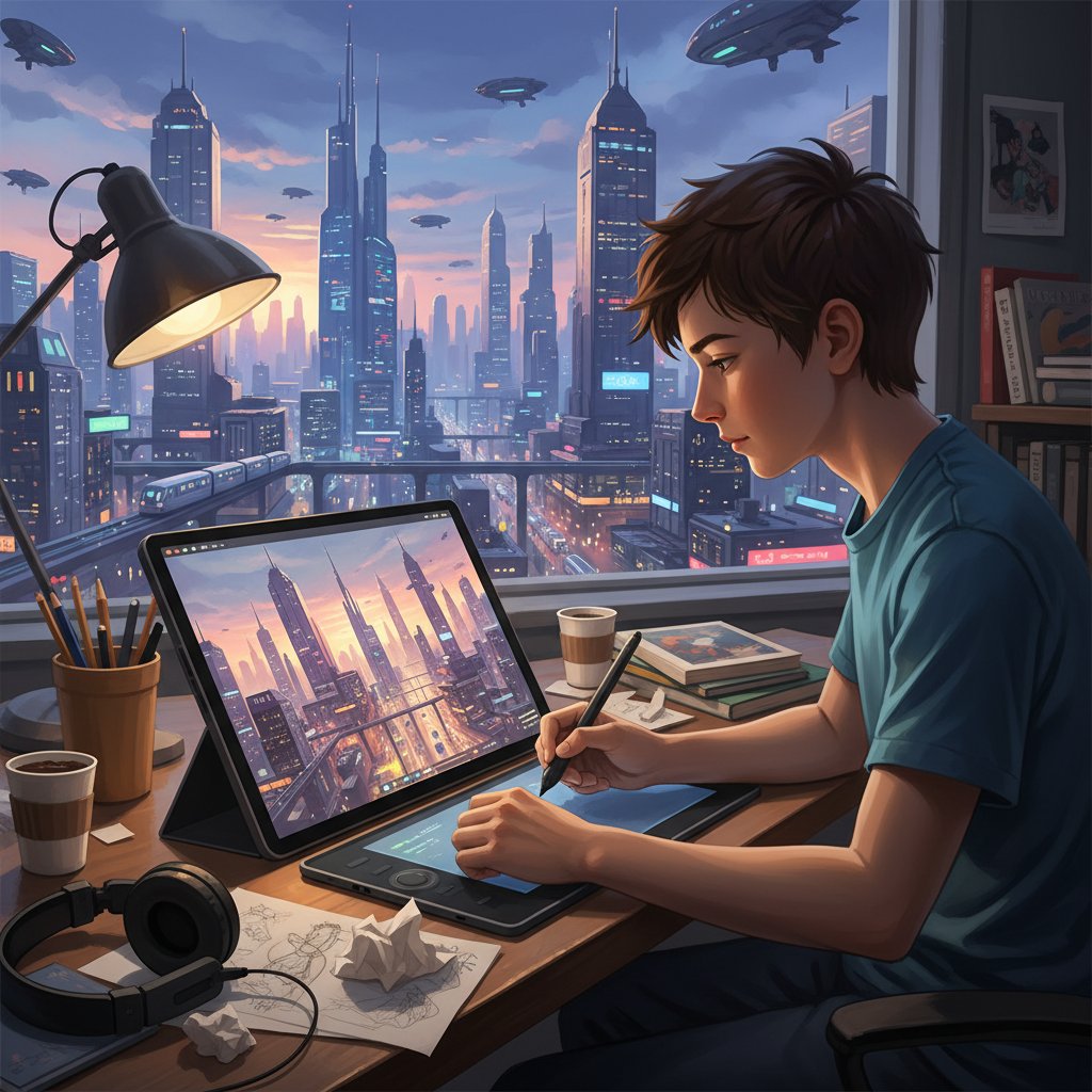 Student korzystający z prostego tabletu graficznego podczas nauki digital art online, przy oknie z miejskim widokiem