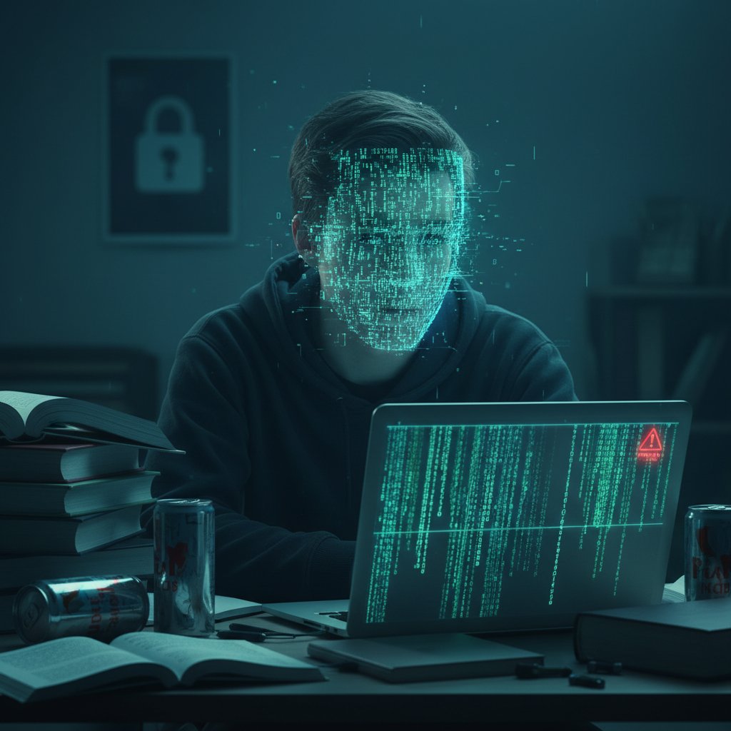 Symbolfoto: Schüler mit digitalem Code auf dem Gesicht, nachdenklicher Blick