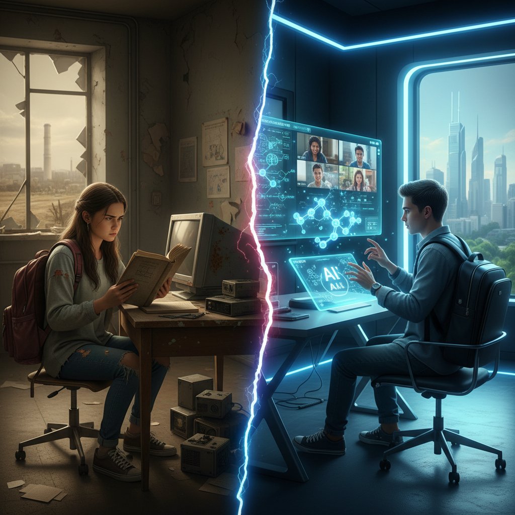 Uczeń z mniejszą dostępnością technologii obok kolegi korzystającego z AI do nauki chemii, kontrast