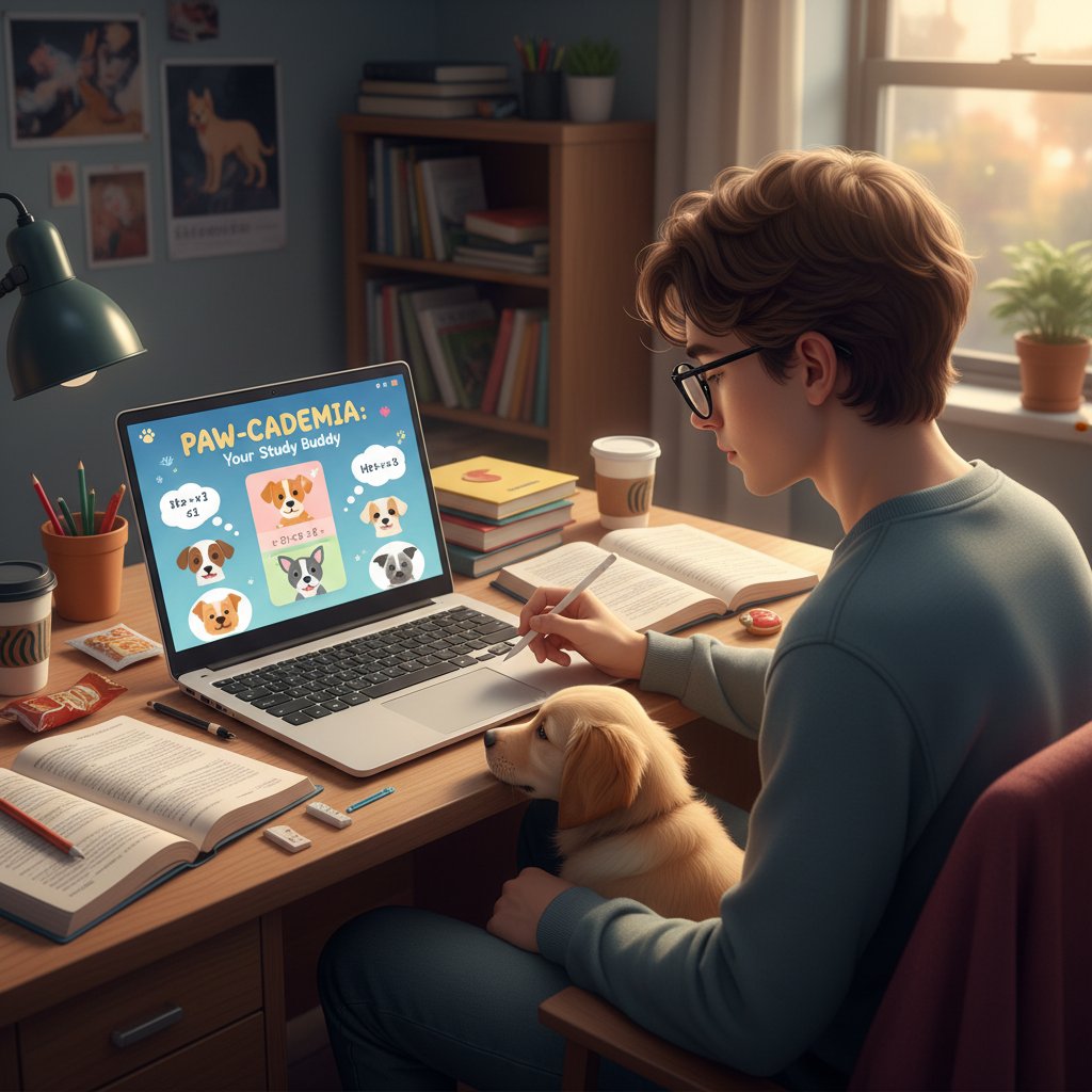 Student korzysta z wirtualnego pieska podczas nauki, laptop na biurku