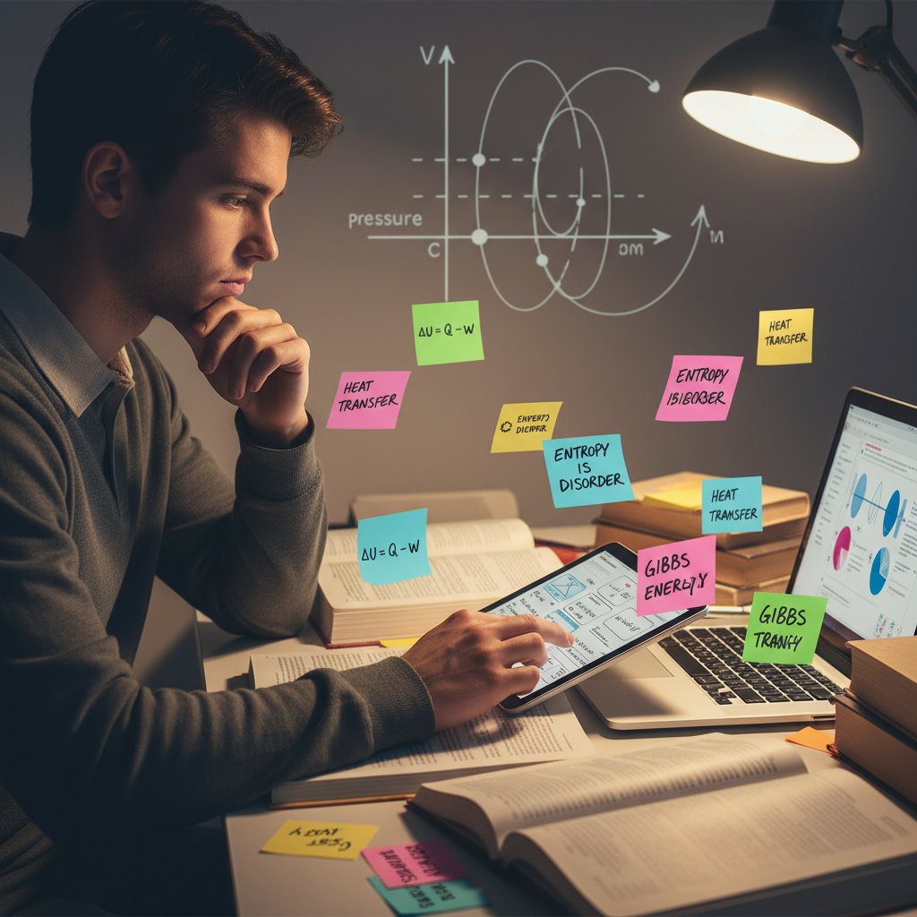 Uczeń korzysta z fiszek cyfrowych i notatek samoprzylepnych podczas nauki termodynamiki, skupiony wyraz twarzy