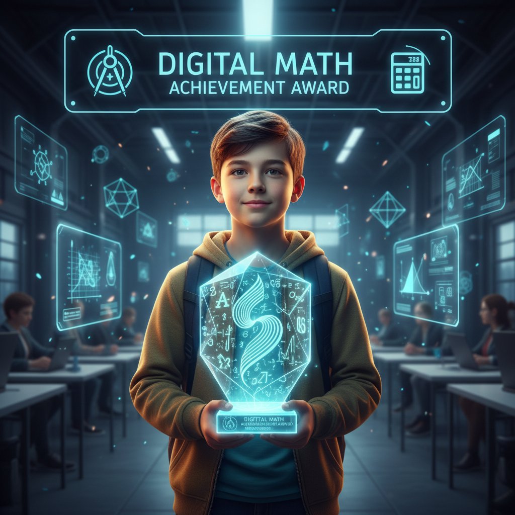 Uczeń klasy 6 zdobywający cyfrowe osiągnięcie w matematyce online, symboliczny puchar