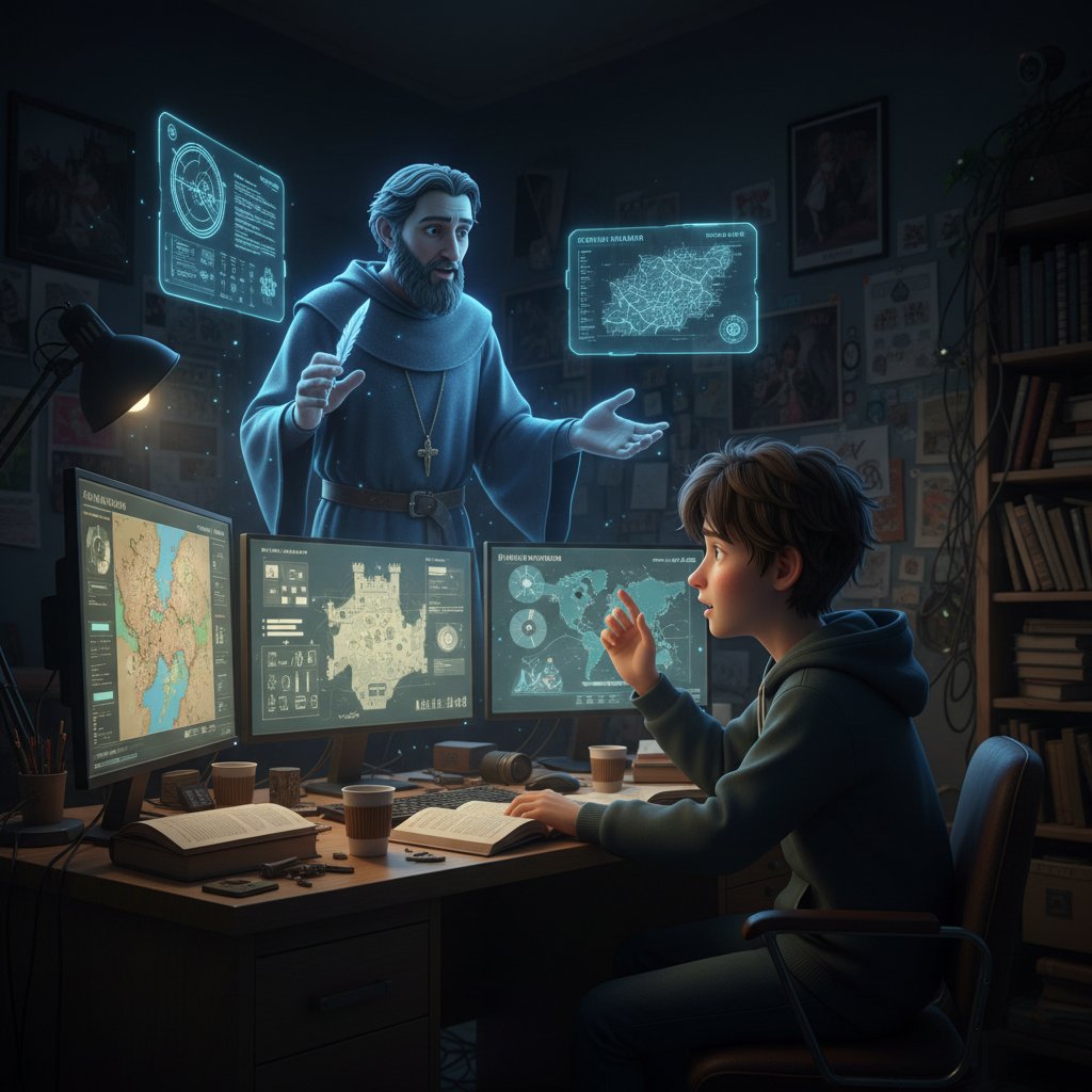 Uczeń rozmawiający z holograficznym uczonym dzięki nowoczesnemu symulatorowi AI