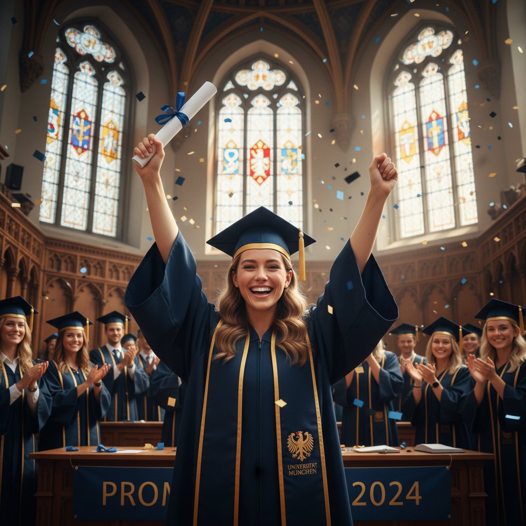 Student z dyplomem na tle niemieckiego uniwersytetu – symbol sukcesu dzięki niemieckiemu akademickiemu online