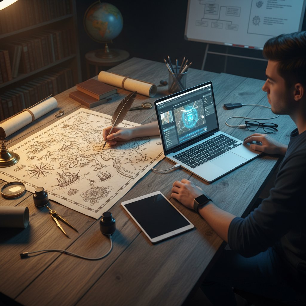 Uczeń rysujący tradycyjną mapę na papierze, obok laptop z otwartą aplikacją GIS, kontrast starego i nowego