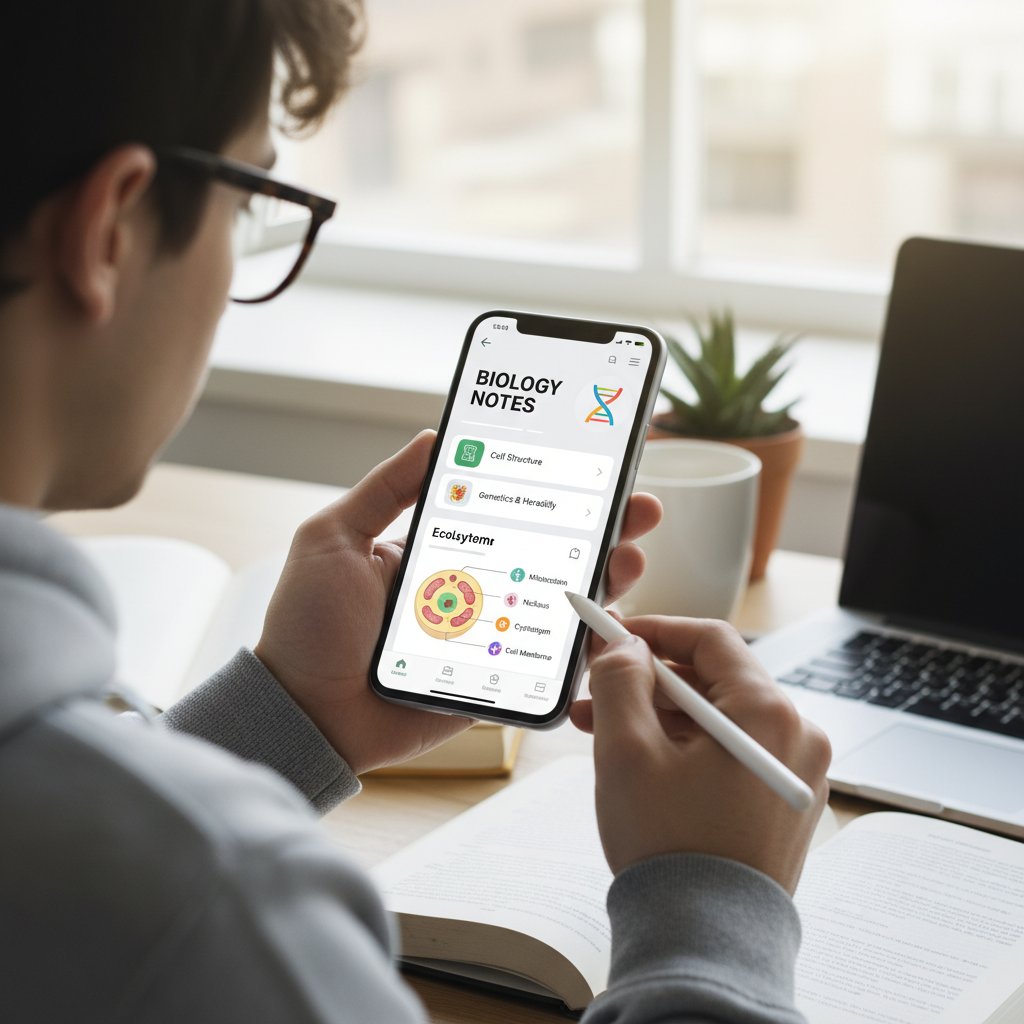 Student korzystający z aplikacji edukacyjnej na smartfonie, w tle podręcznik do biologii i notatki