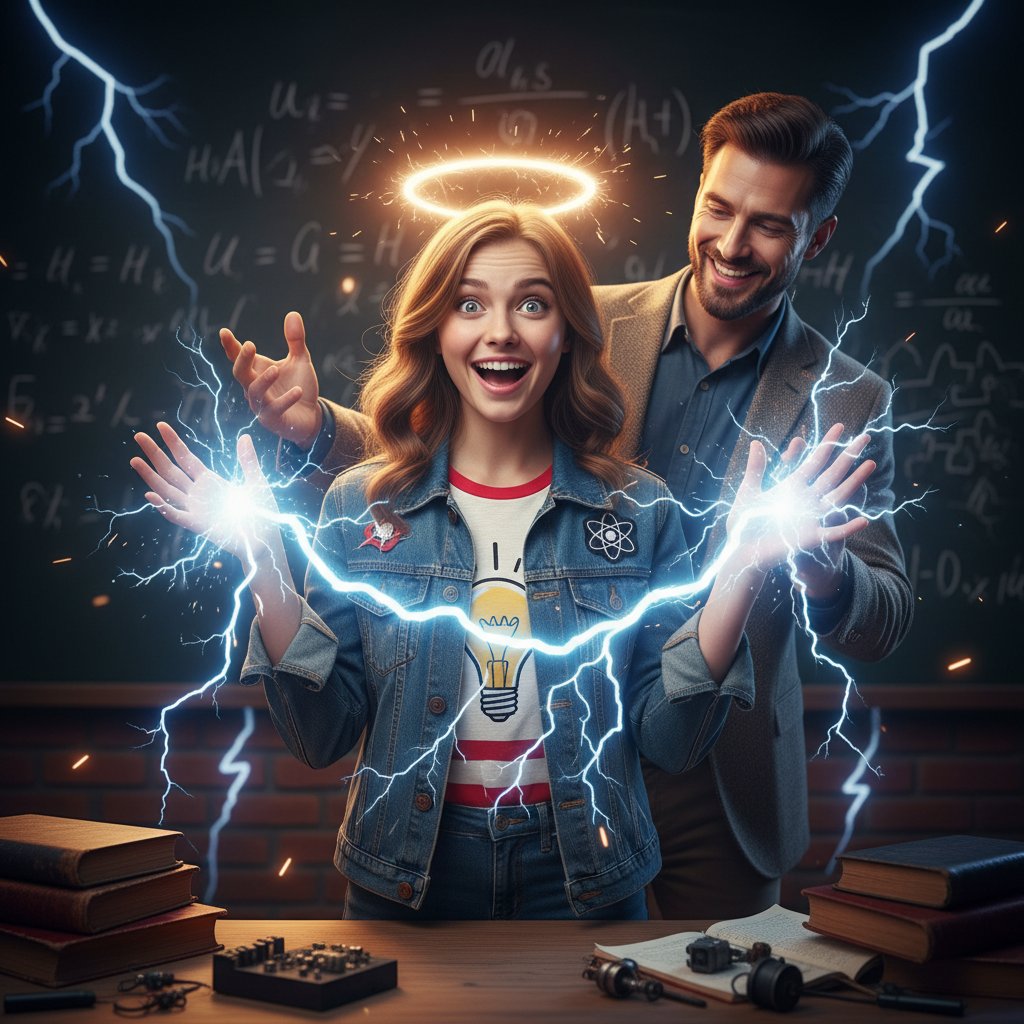 Schülerin, die mit leuchtenden Augen eine Metapher über Elektrizität erklärt bekommt