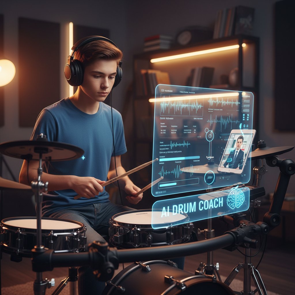 Uczeń ćwiczący na elektronicznej perkusji ze wsparciem AI, ekran z analizą gry na pierwszym planie