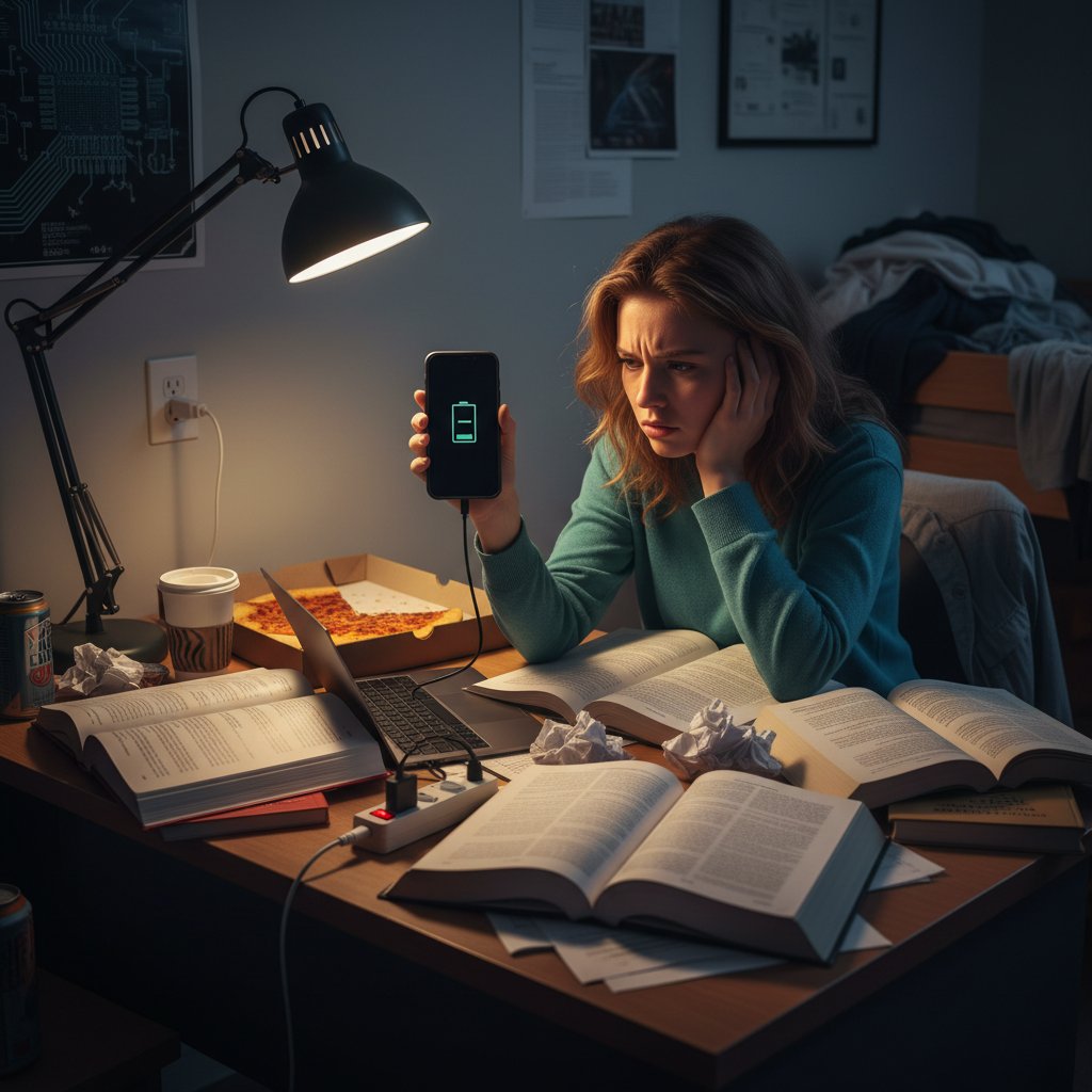 Rozładowana bateria smartfona i uczeń oparty o biurko – metafora wyczerpania silnej woli podczas nauki