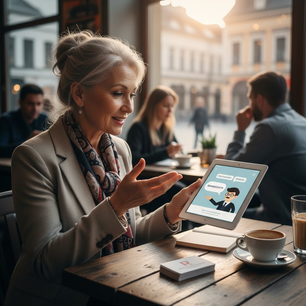 Student, przedsiębiorca i emeryt korzystający wspólnie z tabletu do nauki rosyjskiego, różnorodność wiekowa