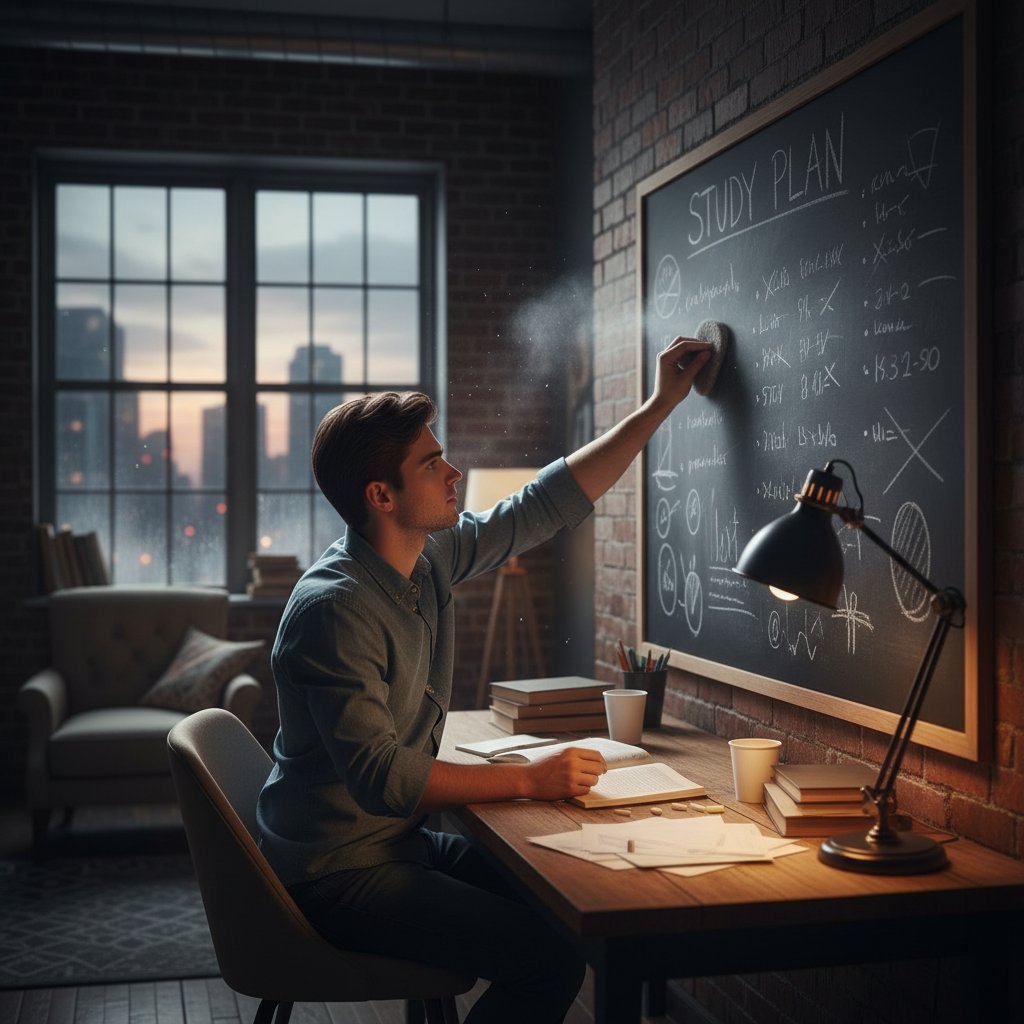 Symboliczny obrazek studenta, który w napiętej atmosferze polskiego mieszkania w mieście, wciąż wymazuje i zapisuje na nowo ten sam plan nauki