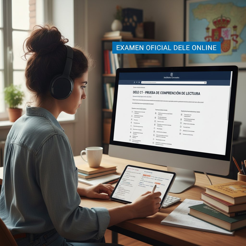 Student podczas egzaminu DELE online, skupienie, komputer, oficjalna platforma egzaminacyjna