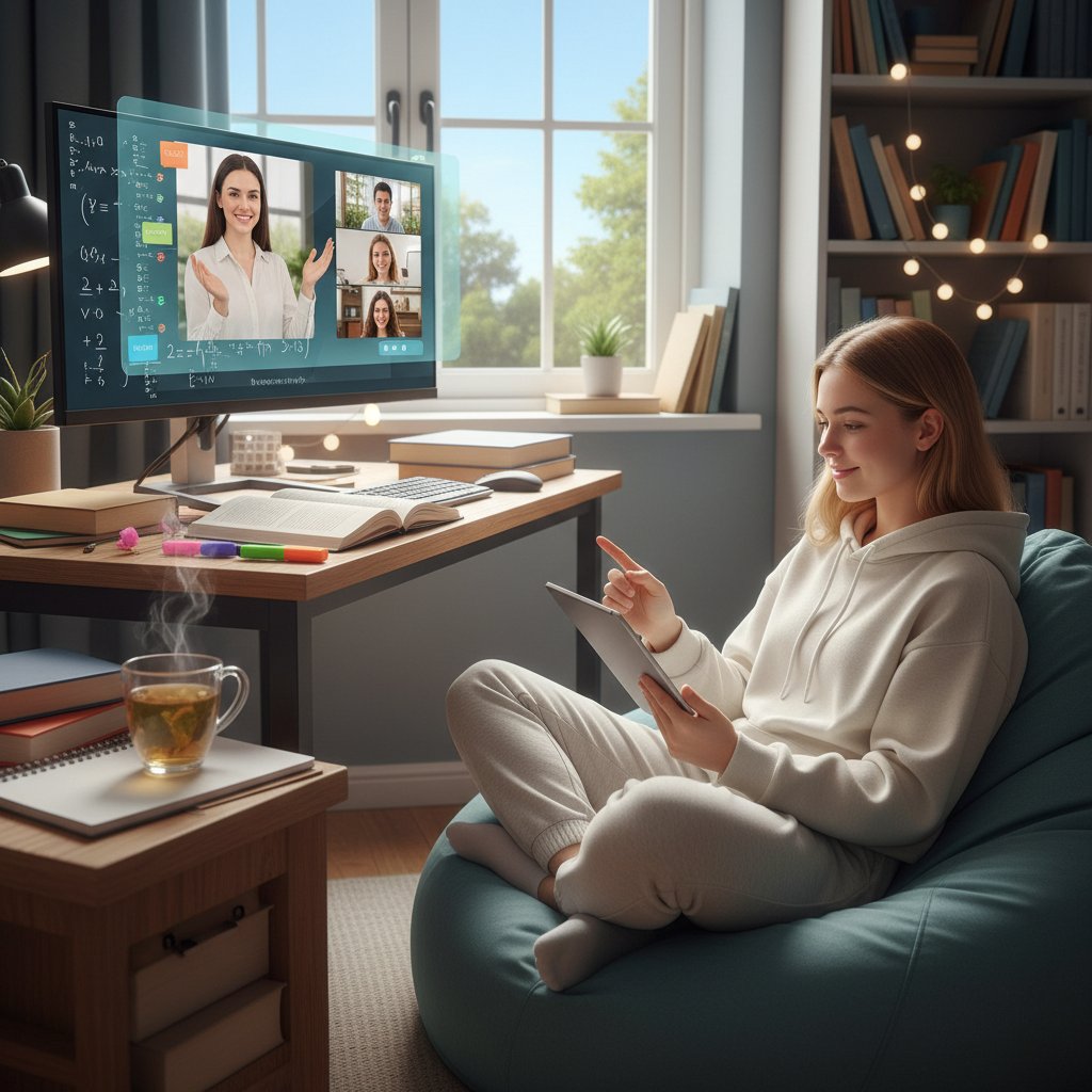 Prüfungsvorbereitung mit Online-Hausaufgabenhilfe, entspannte Schülerin, motivierende Lernumgebung