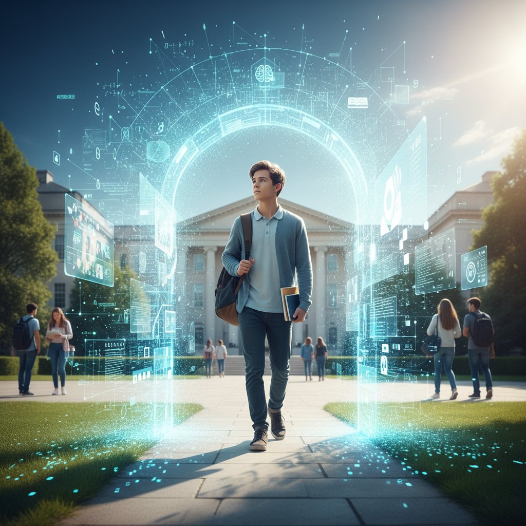 Student wychodzący z klasy cyfrowej do realnego świata, symboliczne przejście nowoczesnej edukacji