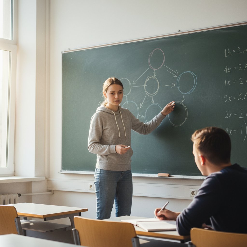 Uczeń wyjaśniający zagadnienie koledze przy tablicy