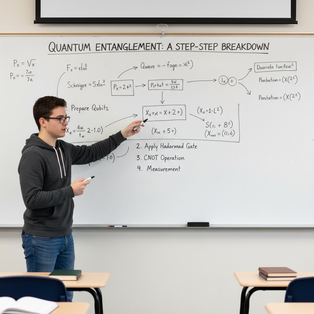 Lernender erklärt Schritt für Schritt ein schwieriges Konzept an einer Tafel