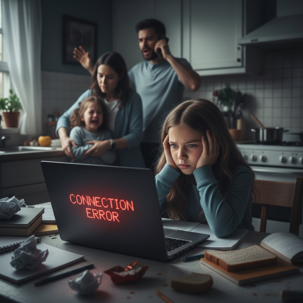 Uczeń przed komputerem, rodzina w tle, napięta atmosfera, symbolizująca wyzwania nauki online