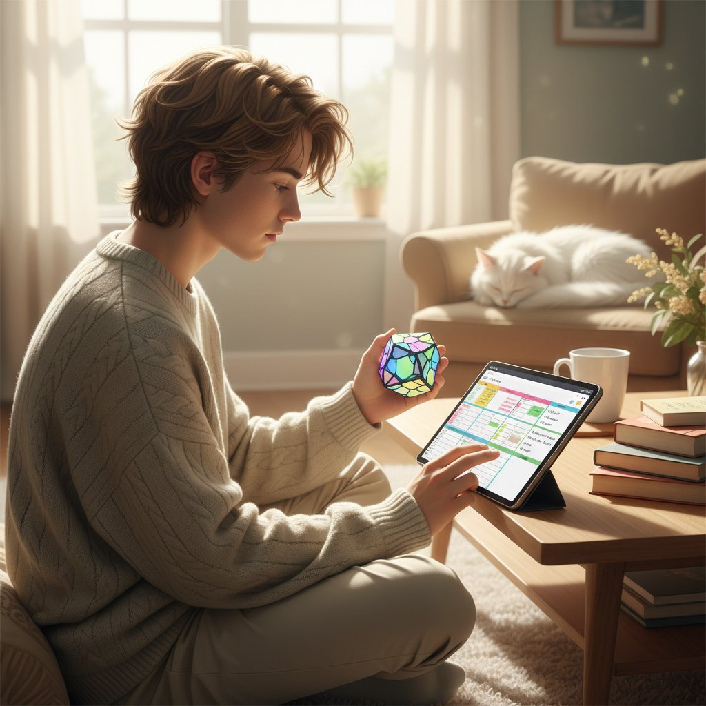 Student korzystający z fidget toy i cyfrowego planera w miękkim świetle dziennym – planowanie nauki dla neuroatypowych