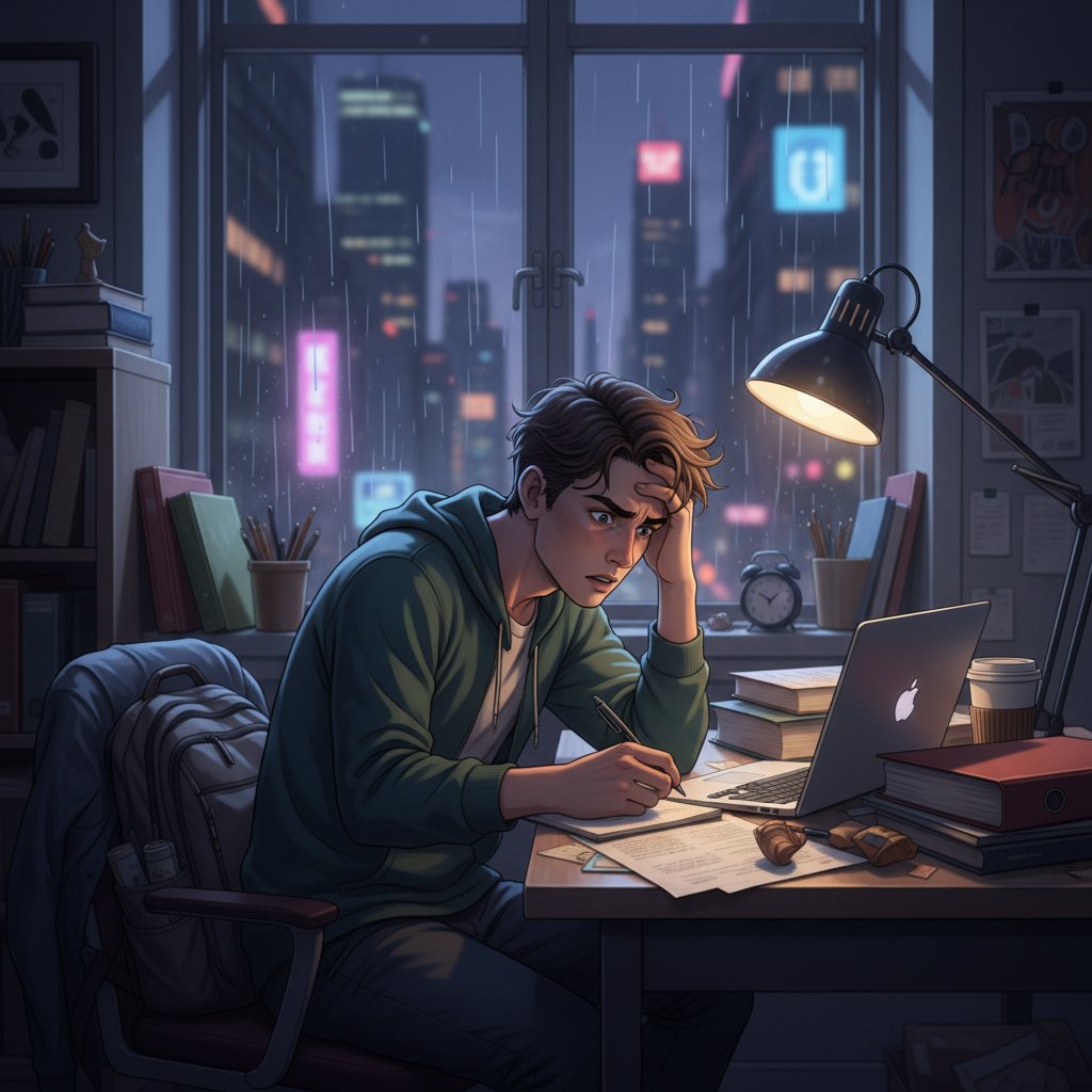 Uczeń koncentrujący się mimo presji, intensywne światło, trudne zadania, urbanistyczny klimat