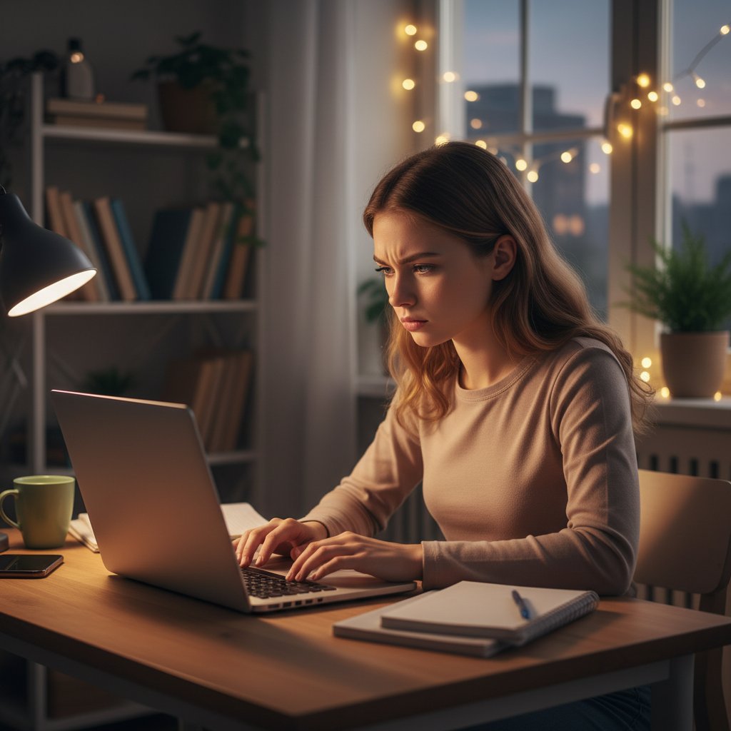 Uczeń pracujący samodzielnie przy komputerze, skupiony na zadaniu, wieczorna atmosfera