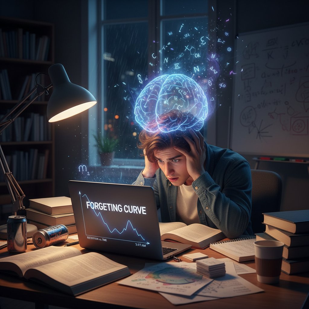 Fotografia ilustrująca krzywą zapominania przez studenta uczącego się wieczorem