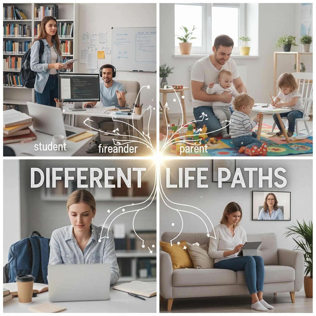 Trzy osoby w różnych sytuacjach życiowych korzystają z terapii online: student, freelancer, rodzic