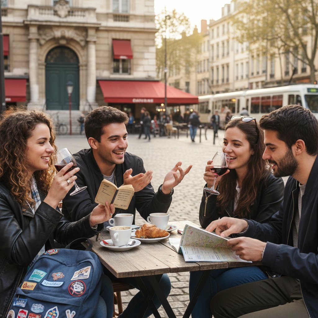 Student rozmawia po francusku z rówieśnikami podczas wyjazdu za granicę