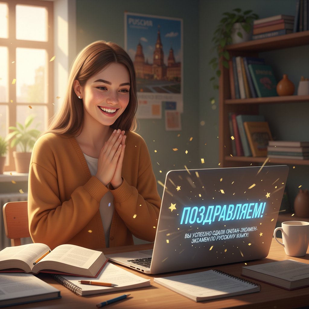 Uczeń z satysfakcją patrzy na ekran komputera po zdanym egzaminie z rosyjskiego online, widoczne gratulacje na ekranie