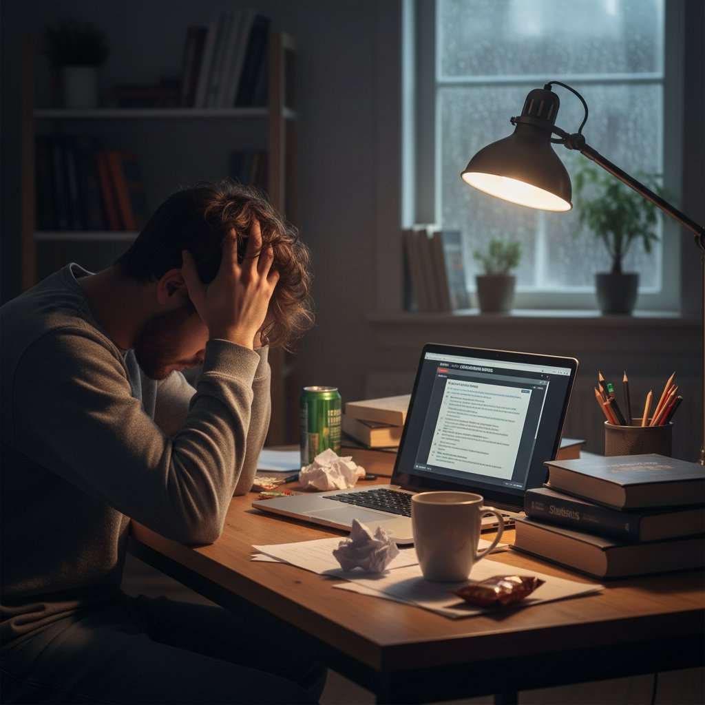 Studentka trzymająca głowę w dłoniach przed laptopem, domowe biuro, napięcie egzaminacyjne