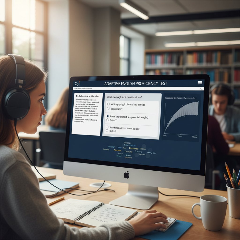 Uczeń w słuchawkach rozwiązuje adaptacyjny test angielskiego, z ekranem pełnym dynamicznych pytań