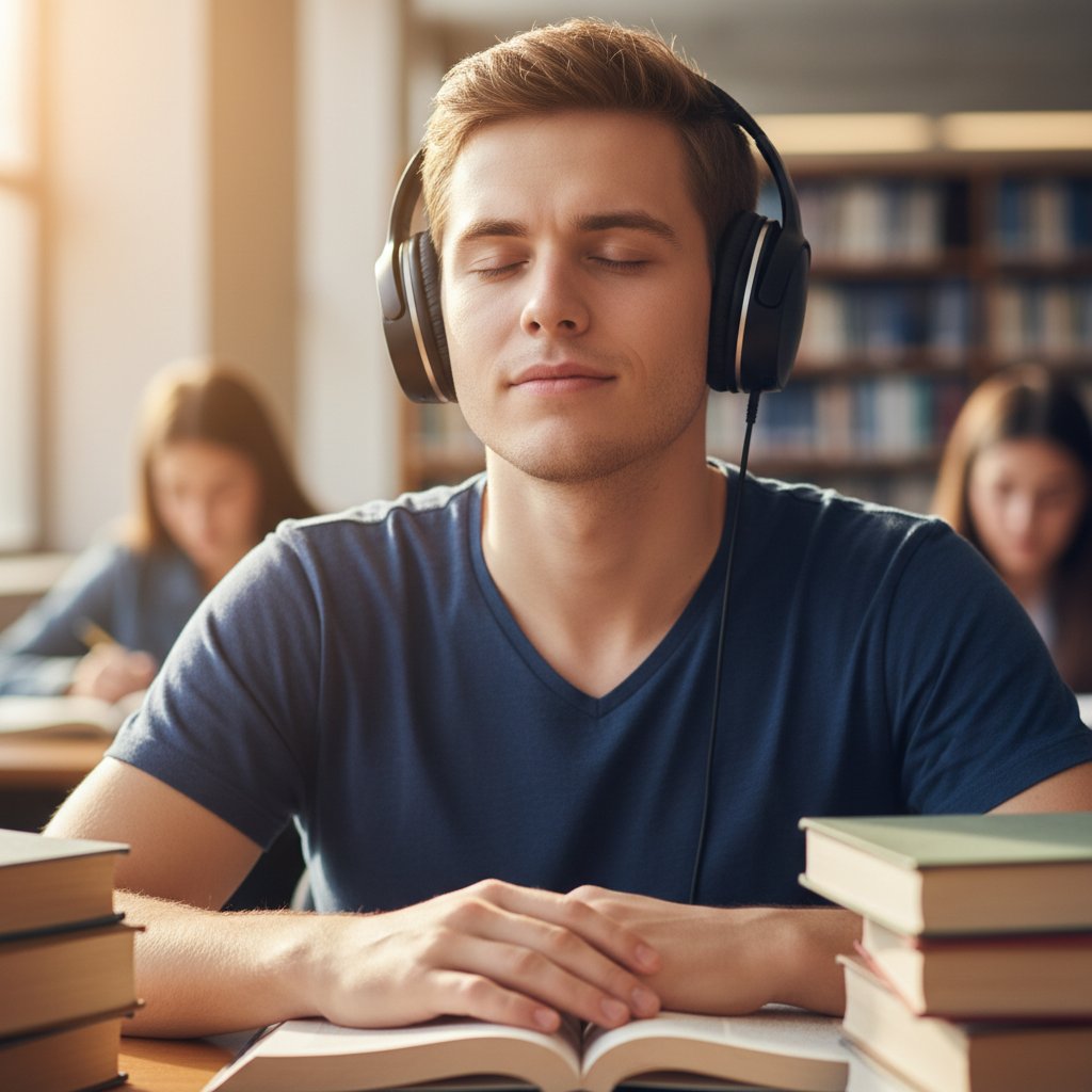 Uczeń koncentrujący się z zamkniętymi oczami i słuchawkami, techniki szybkiej koncentracji