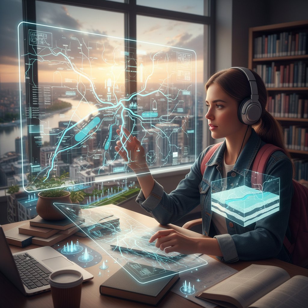 Studentka analizująca mapy hydrologiczne podczas korepetycji online, tło: miasto i cyfrowe elementy wodne