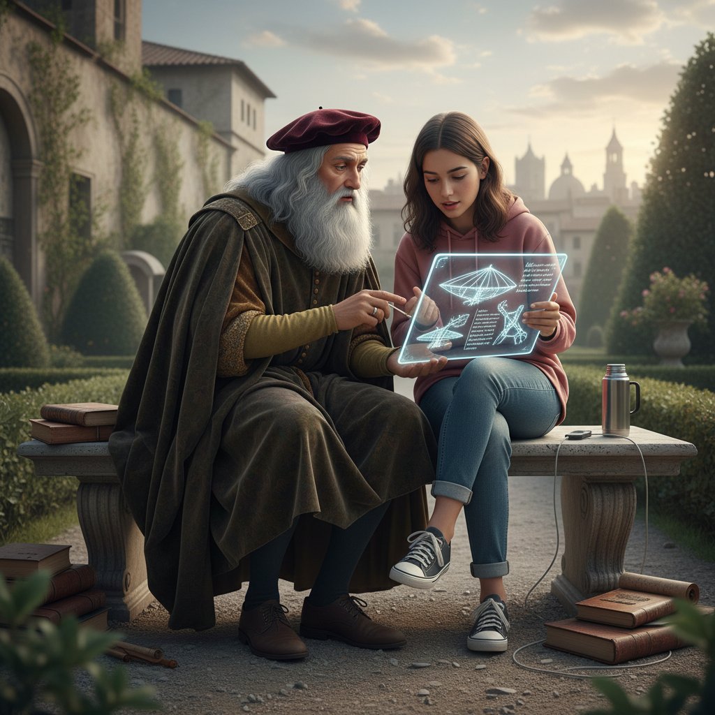 Uczeń prowadzący rozmowę z cyfrową postacią historyczną na nowoczesnym tablecie