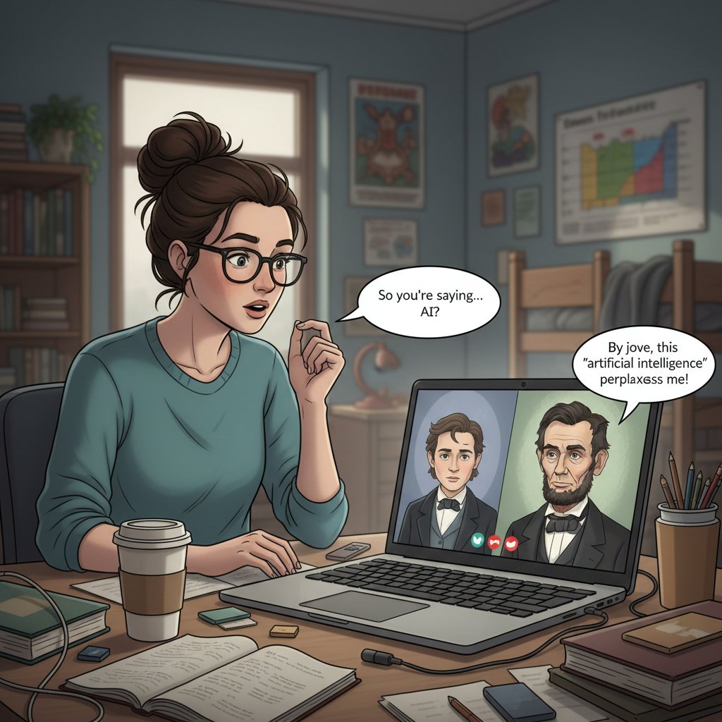 Student prowadzi rozmowę z historyczną postacią AI na laptopie, atmosfera skupienia i inspiracji