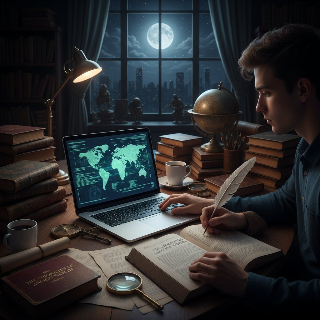 Student wpatrzony w ekran laptopa, otoczony stosem książek historycznych i cyfrowymi kodami, nauka historii politycznej online nocą