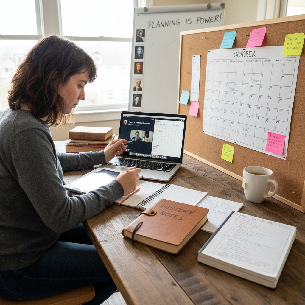 Uczeń planuje naukę historii online, laptop, kalendarz, notatki, skupiona twarz