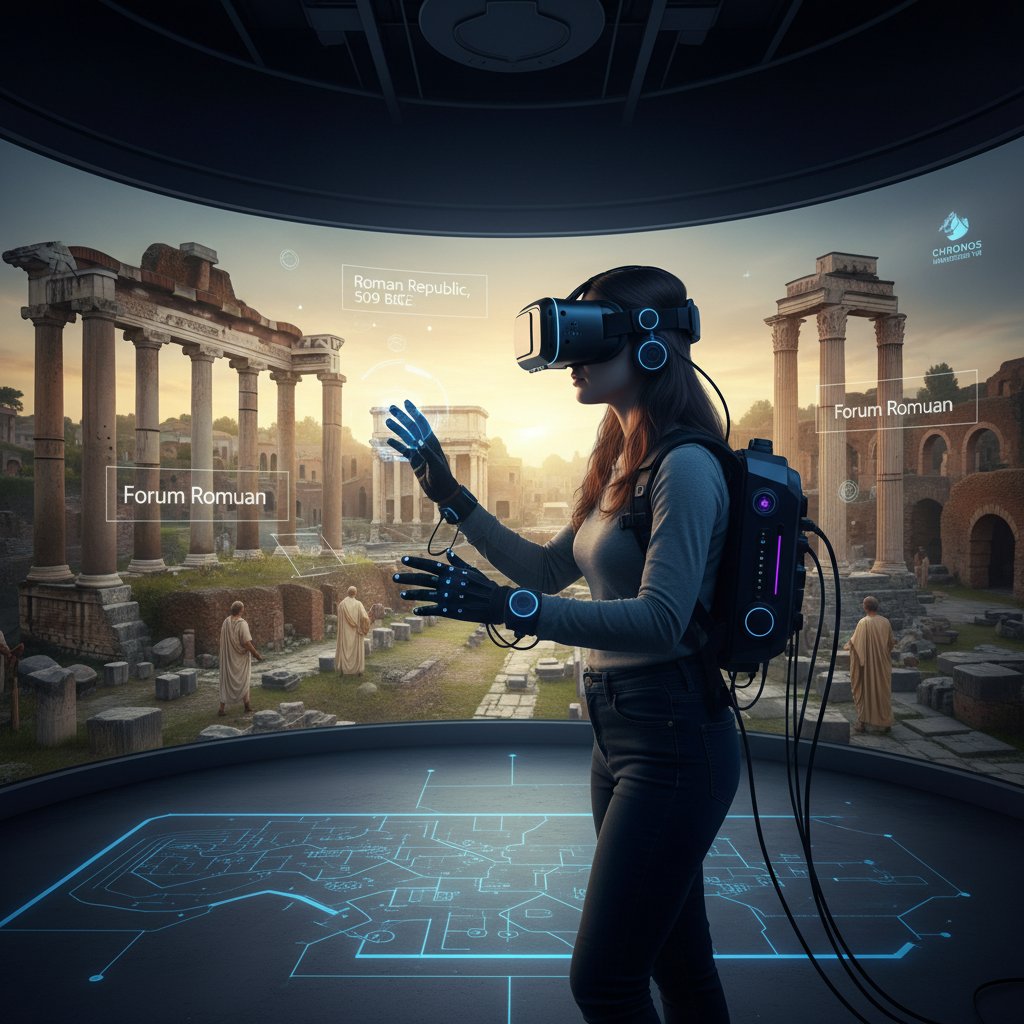 Uczennica korzysta z VR podczas nauki historii, wyświetlone wirtualne obrazy historyczne