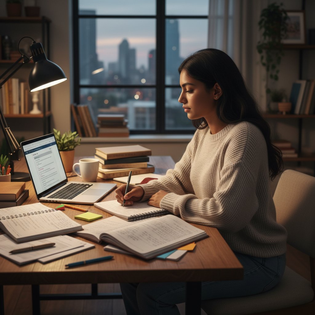 Student w domowym biurze, zmagający się z nauką, nowoczesny laptop i tradycyjne notatki