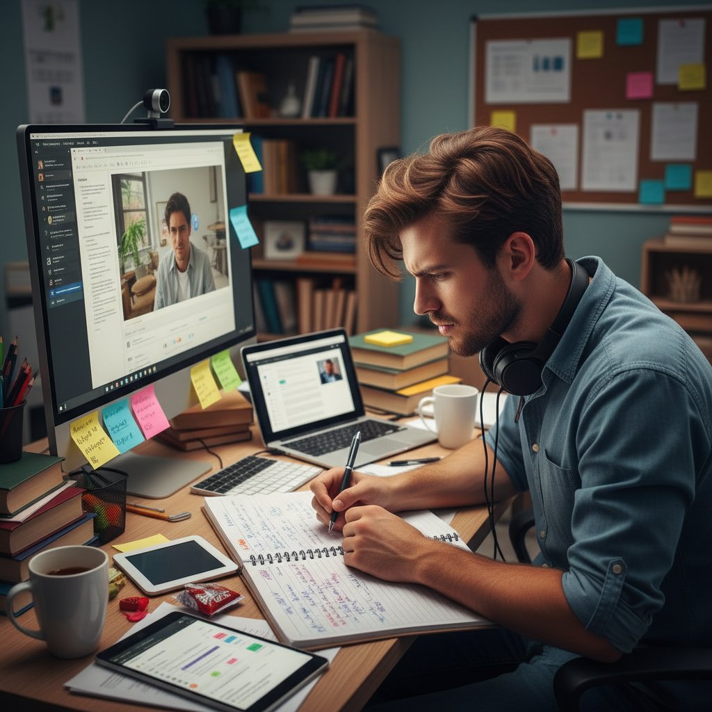Studentka intensywnie przygotowująca się do lekcji online, notatki, laptop, skupienie