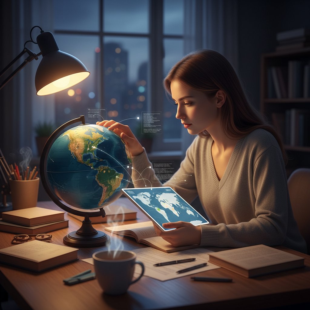 Student pracujący nad interaktywnym globusem na tablecie, wieczorne światło, klimat nauki