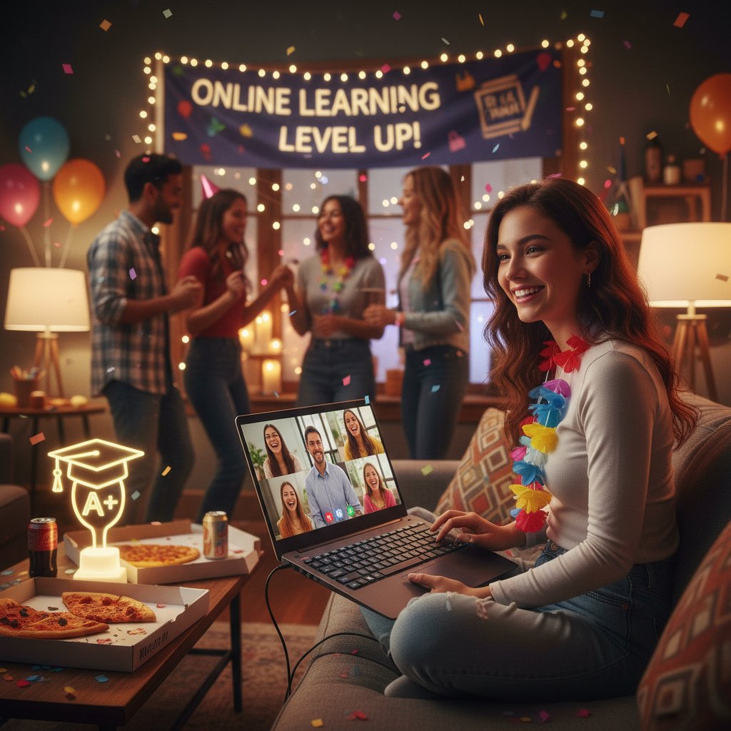 Student grający na keyboardzie podczas imprezy domowej, efekt nauki online