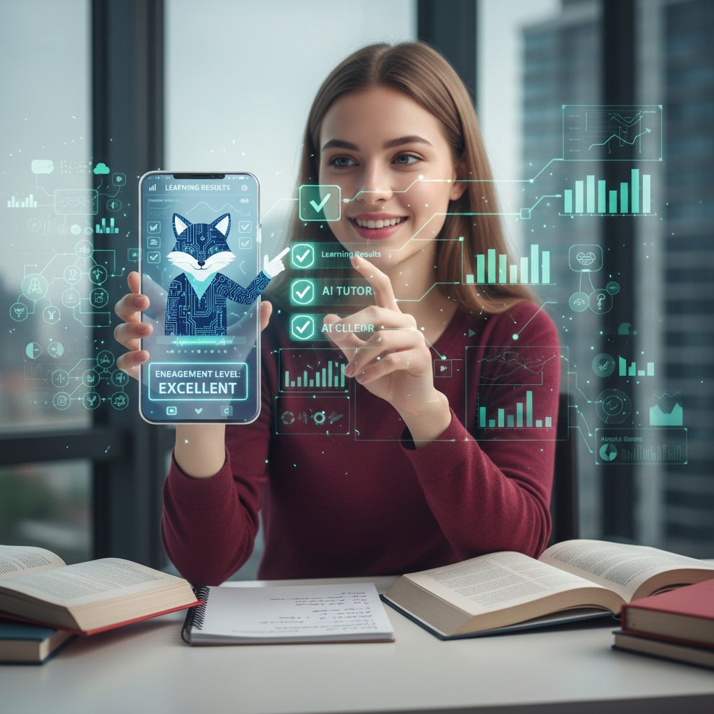 Uczeń korzystający z korepetytor.ai na smartfonie, widoczne powiadomienia i wyniki nauki, atmosfera zaangażowania