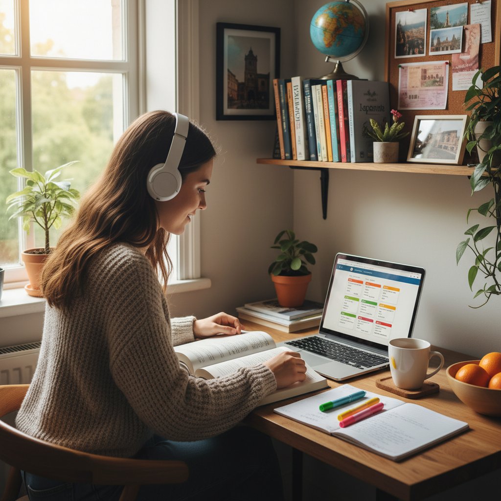 Student uczący się języka codziennie w domowym biurze, otoczenie sprzyjające koncentracji i systematyczności