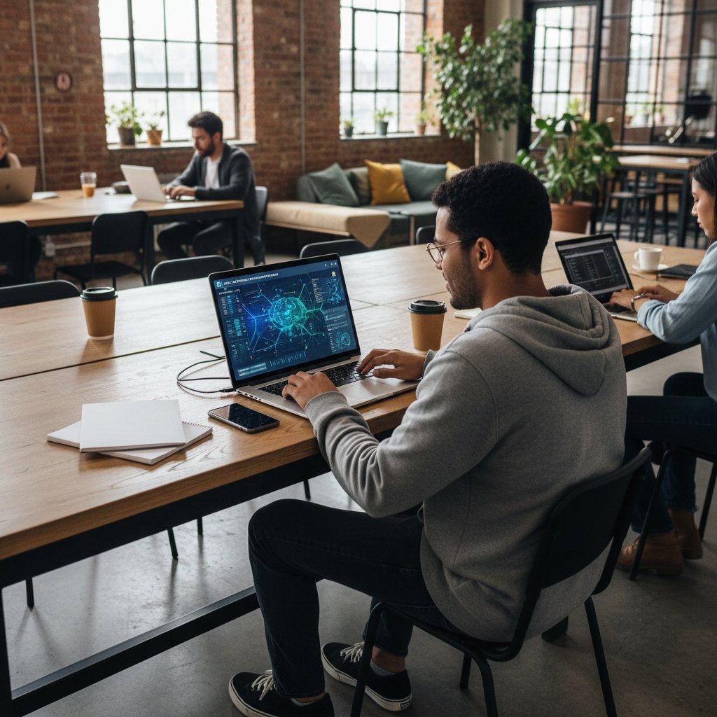 Student korzystający z laptopa, analizujący zagadnienia AI na platformie edukacyjnej, nowoczesna przestrzeń coworkingowa
